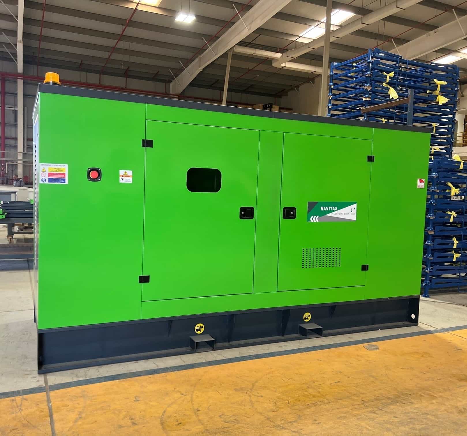 Illustrative image: a green diesel generator set staged in a warehouse