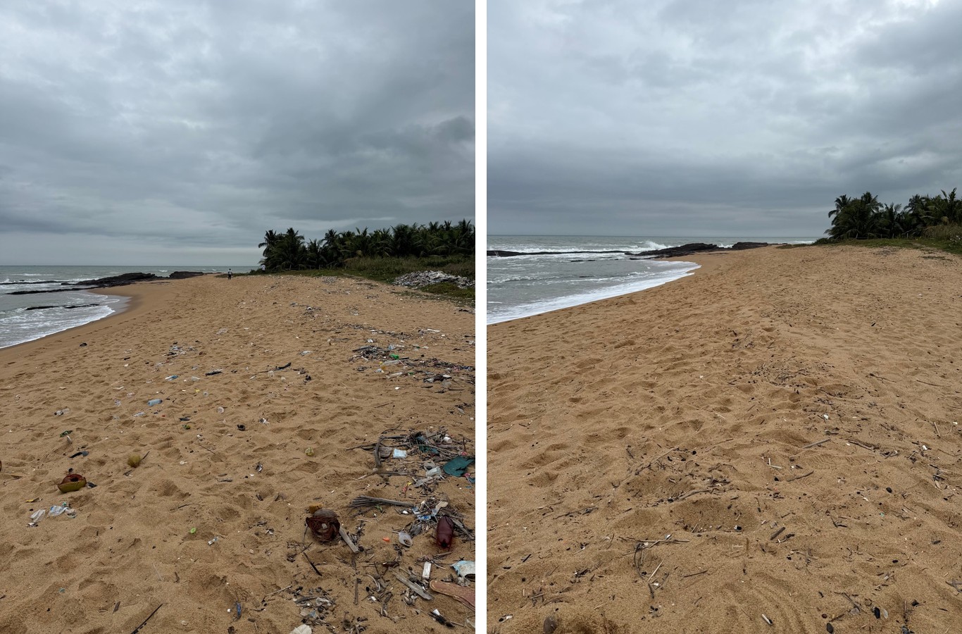 Before and after photos of the Ayensudo shoreline cleanup in Ghana